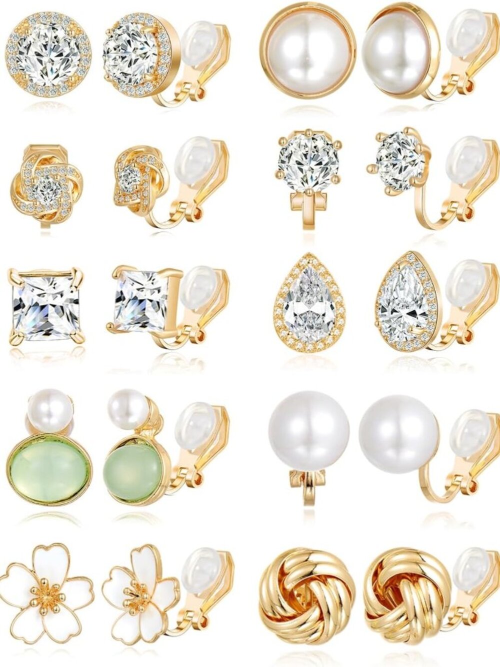 10-15 Pairs Non-Pierced Clip-On Earrings Set - Teardrop, Round, Flower & More!